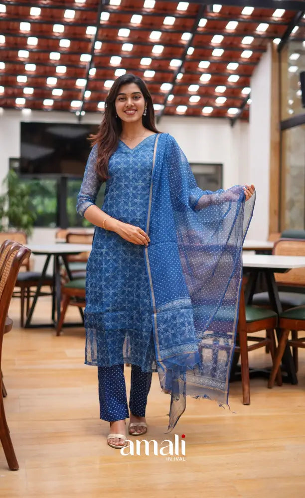 Deep blue Monotone Hand block printed Kota Salwar - salwar