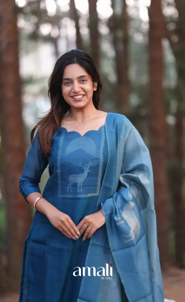 Deep Blue Viscose Chanderi Salwar Set - salwar