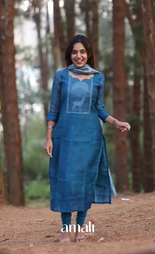 Deep Blue Viscose Chanderi Salwar Set - salwar