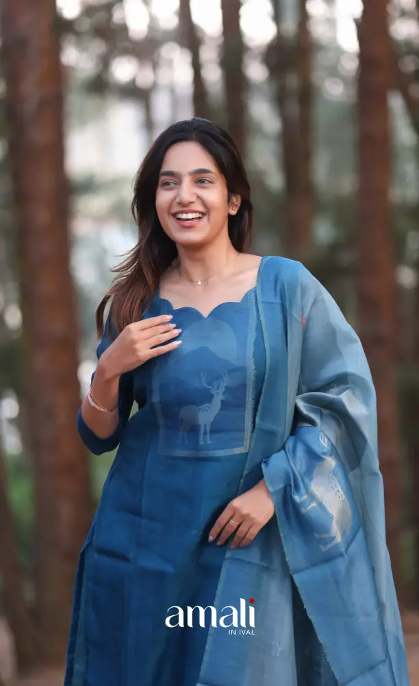 Deep Blue Viscose Chanderi Salwar Set - salwar