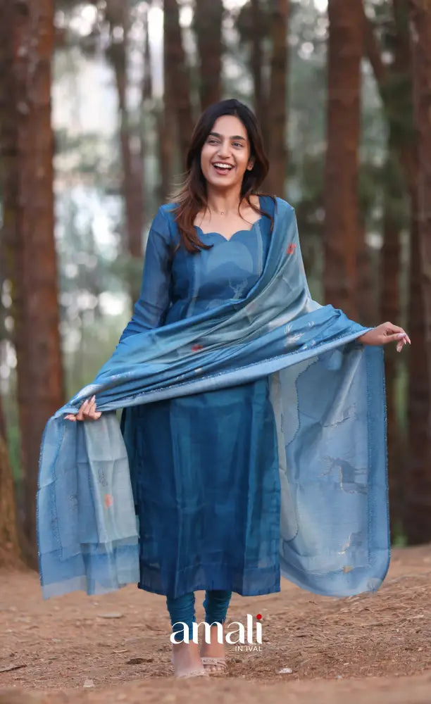 Deep Blue Viscose Chanderi Salwar Set - salwar