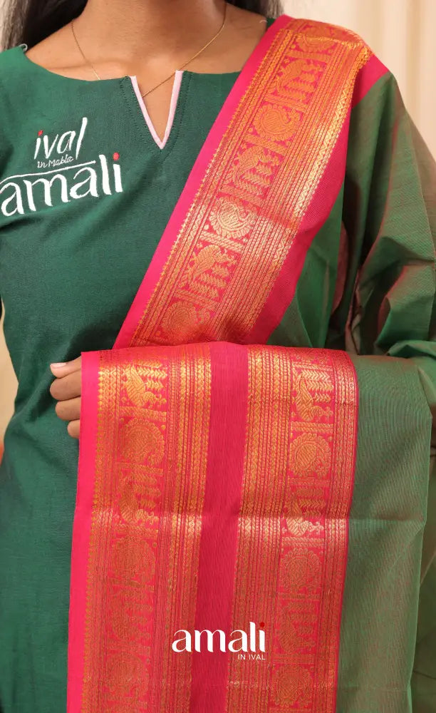 Deep Green With Magenta Pink Chettinad Cotton Dupatta salwar