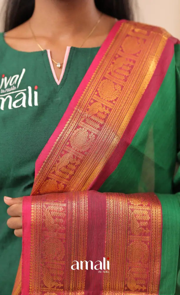 Deep Green With Magenta Pink Chettinad Cotton Dupatta salwar