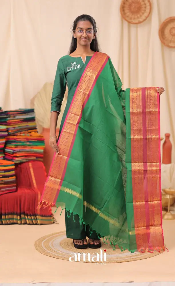 Deep Green With Magenta Pink Chettinad Cotton Dupatta salwar