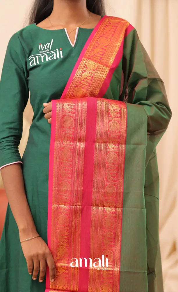 Deep Green With Magenta Pink Chettinad Cotton Dupatta salwar