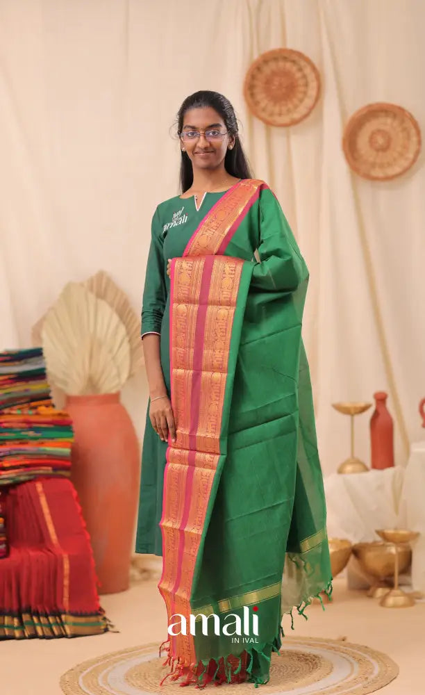 Deep Green With Magenta Pink Chettinad Cotton Dupatta salwar