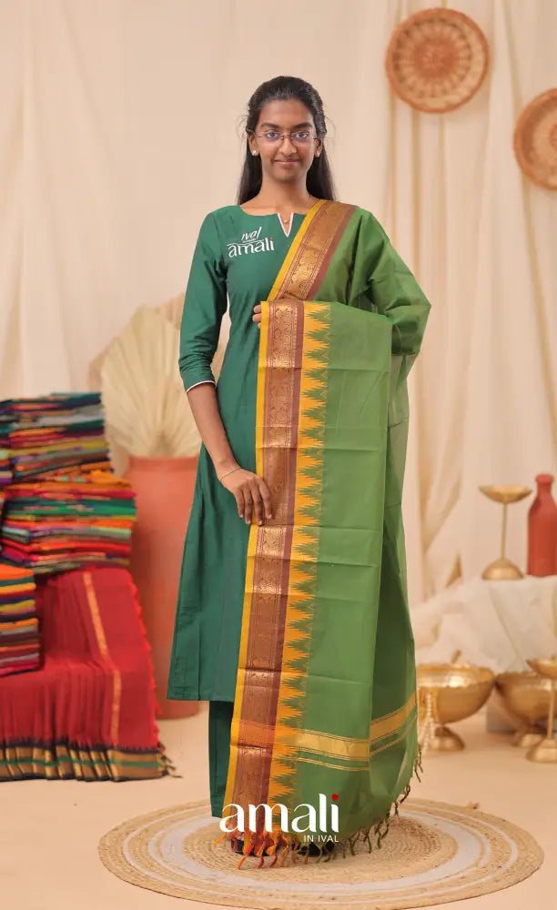 Deep Green With Mustard Yellow Chettinad Cotton Dupatta salwar