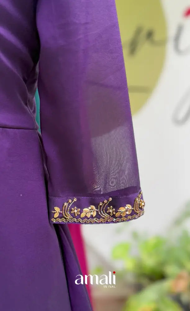 Deep Purple Aari Handworked Georgette A-Line Top - salwar