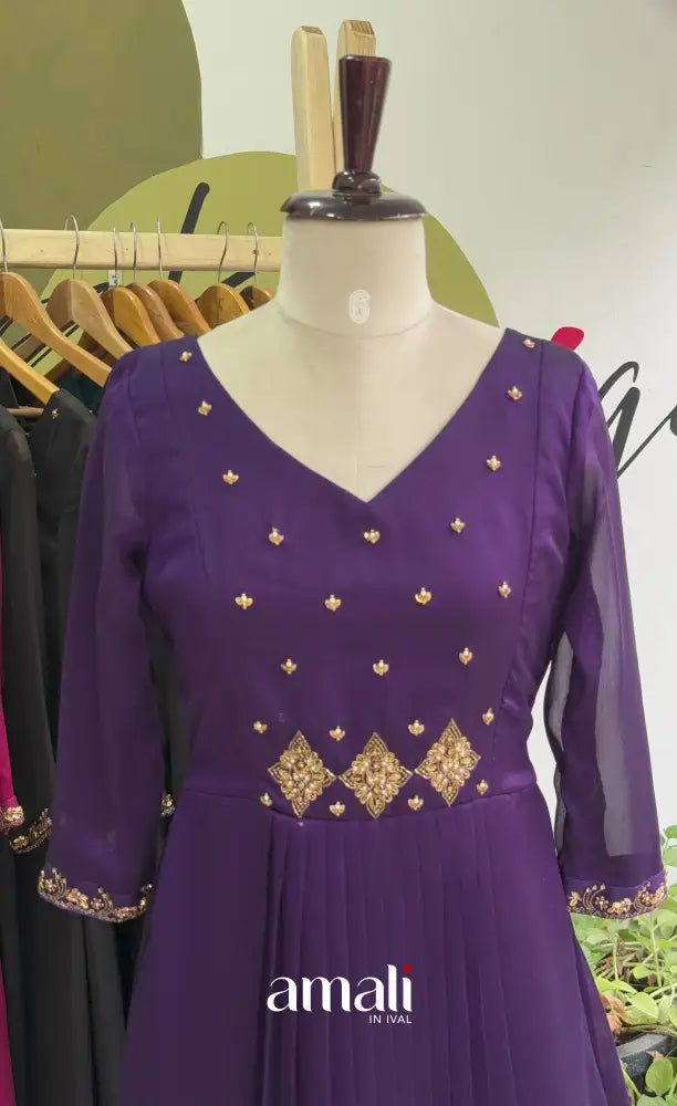 Deep Purple Aari Handworked Georgette A-Line Top - salwar