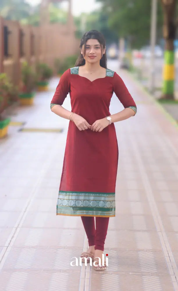 Deep Red and Bottle Green Chettinad Cotton Salwar Set - salwar