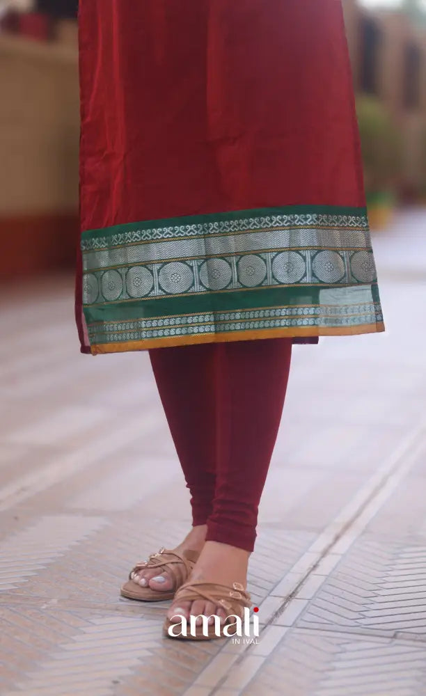 Deep Red and Bottle Green Chettinad Cotton Salwar Set - salwar