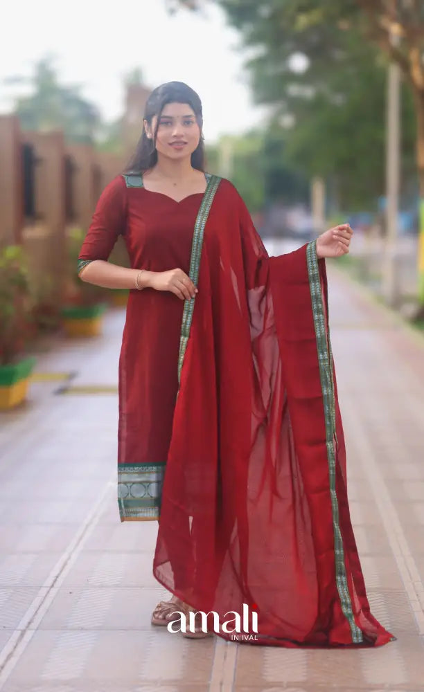 Deep Red and Bottle Green Chettinad Cotton Salwar Set - salwar
