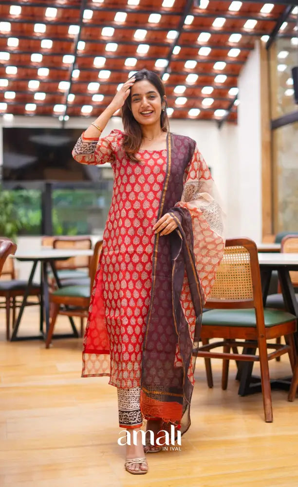Deep red and Brownish black Hand block printed Kota Salwar - salwar