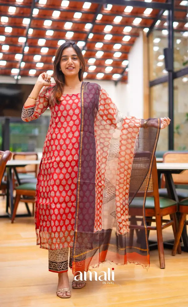 Deep red and Brownish black Hand block printed Kota Salwar - salwar