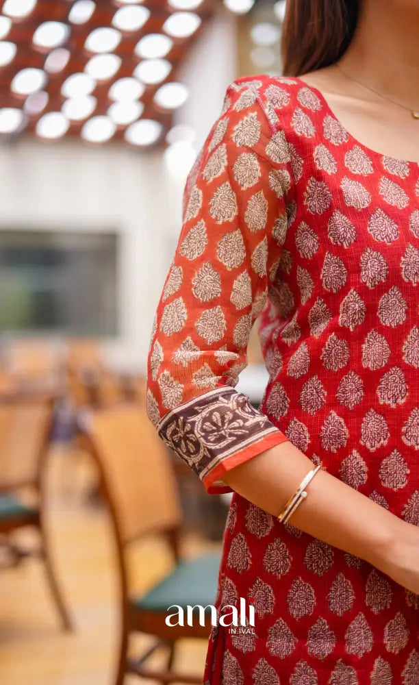 Deep red and Brownish black Hand block printed Kota Salwar - salwar