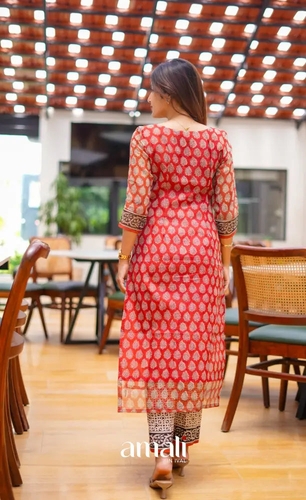 Deep red and Brownish black Hand block printed Kota Salwar - salwar