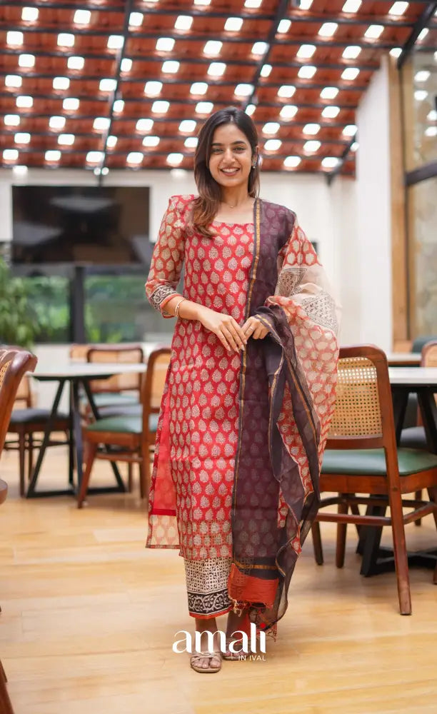 Deep red and Brownish black Hand block printed Kota Salwar - salwar