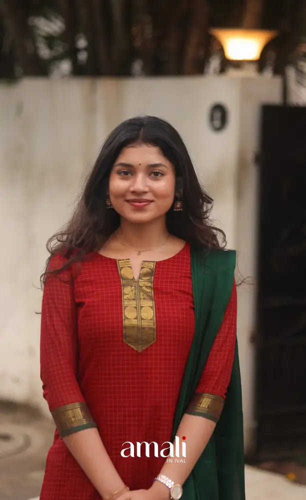 Deep Red and Manthalir Green Chettinad Cotton Salwar Set - salwar