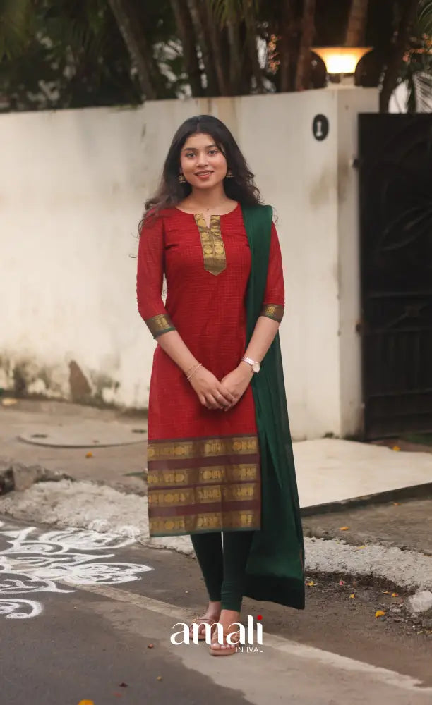 Deep Red and Manthalir Green Chettinad Cotton Salwar Set - salwar