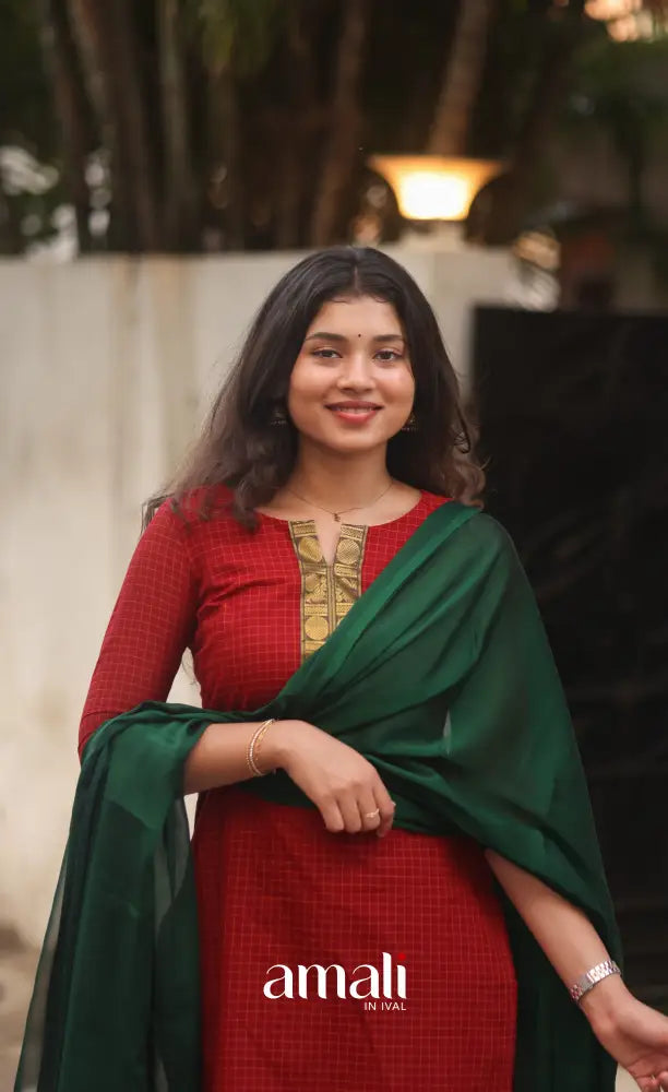 Deep Red and Manthalir Green Chettinad Cotton Salwar Set - salwar