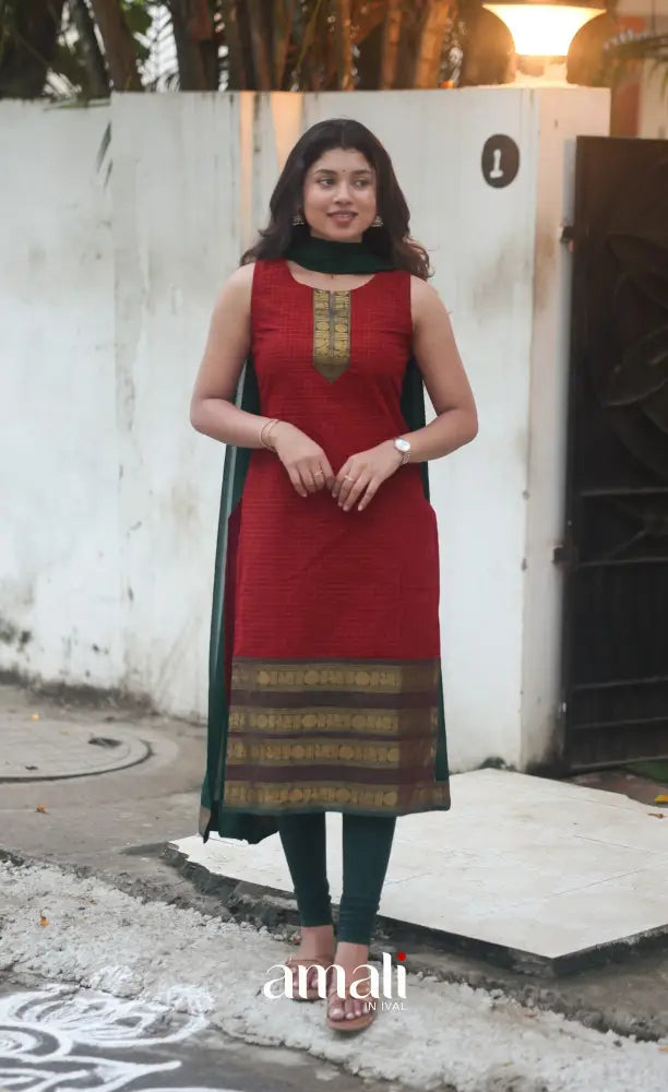 Deep Red and Manthalir Green Sleeveless Chettinad Cotton Salwar Set - salwar