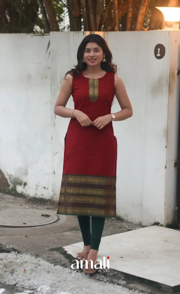 Deep Red and Manthalir Green Sleeveless Chettinad Cotton Salwar Set - salwar