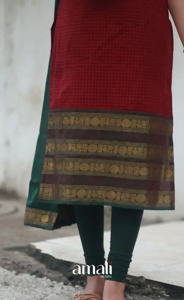 Deep Red and Manthalir Green Sleeveless Chettinad Cotton Salwar Set - salwar