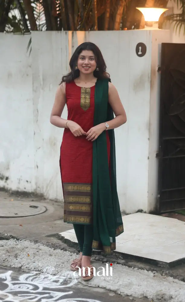 Deep Red and Manthalir Green Sleeveless Chettinad Cotton Salwar Set - salwar