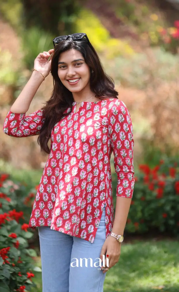 Deep Red Jaipur Hand Block-Printed Short Top - salwar