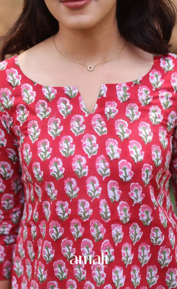 Deep Red Jaipur Hand Block-Printed Short Top - salwar