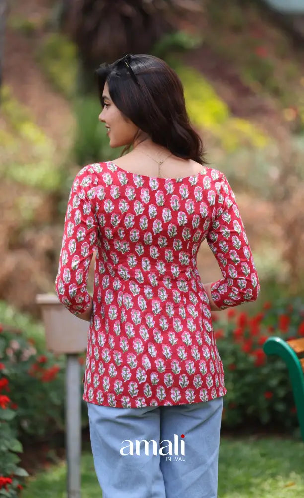Deep Red Jaipur Hand Block-Printed Short Top - salwar
