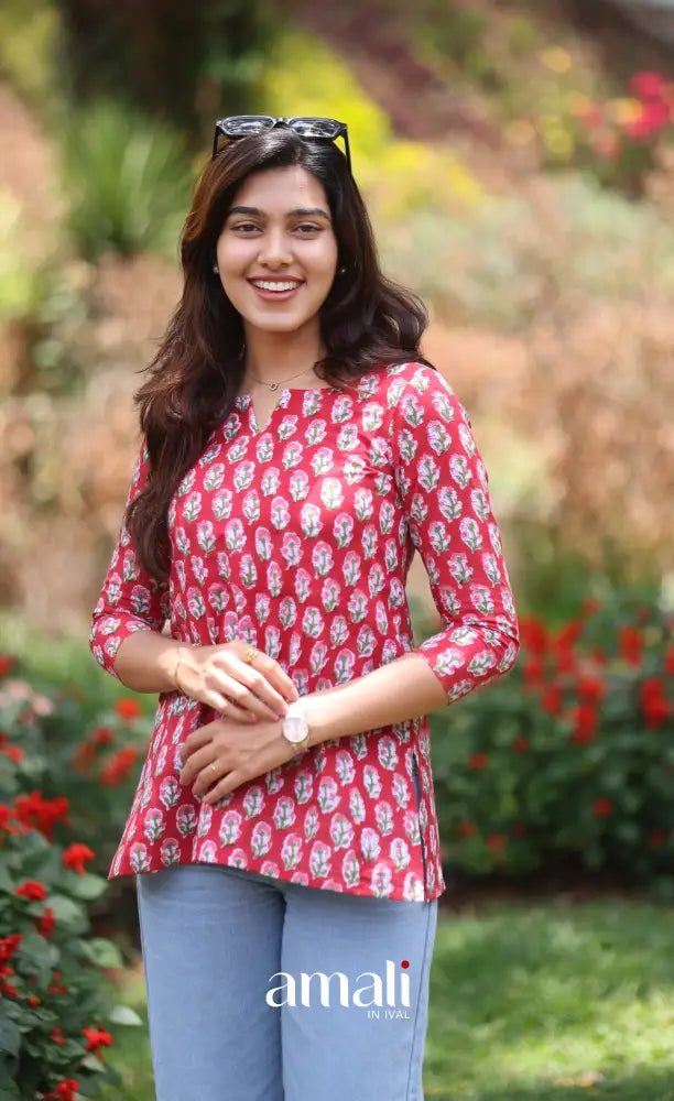 Deep Red Jaipur Hand Block-Printed Short Top - salwar