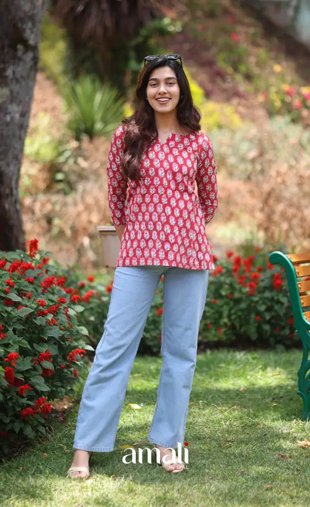 Deep Red Jaipur Hand Block-Printed Short Top - salwar