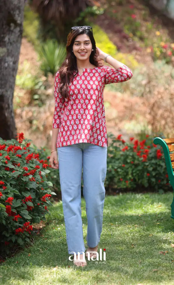 Deep Red Jaipur Hand Block-Printed Short Top - salwar