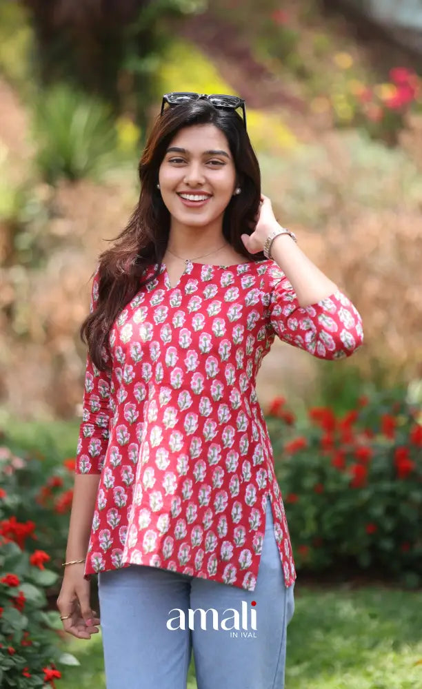Deep Red Jaipur Hand Block-Printed Short Top - salwar