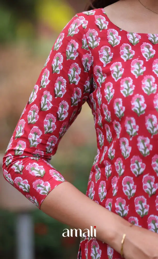 Deep Red Jaipur Hand Block-Printed Short Top - salwar