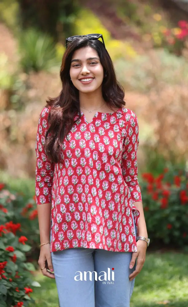 Deep Red Jaipur Hand Block-Printed Short Top - salwar