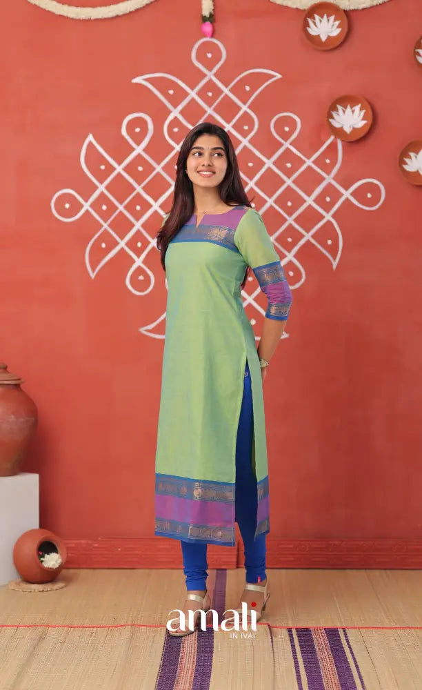 Dual Tone Sea Green with Violet Chettinad Cotton Salwar - salwar