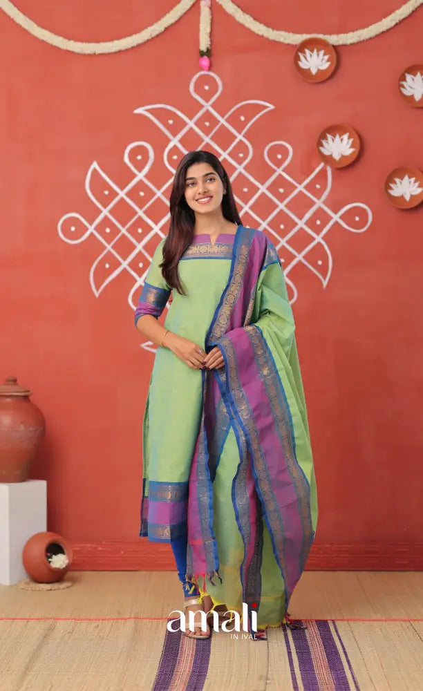 Dual Tone Sea Green with Violet Chettinad Cotton Salwar - salwar