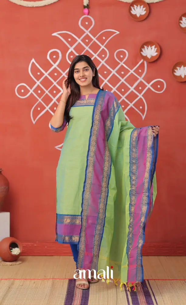 Dual Tone Sea Green with Violet Chettinad Cotton Salwar - salwar