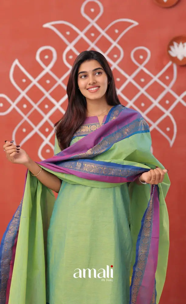 Dual Tone Sea Green with Violet Chettinad Cotton Salwar - salwar