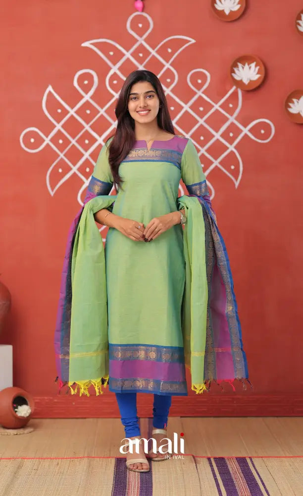 Dual Tone Sea Green with Violet Chettinad Cotton Salwar - salwar