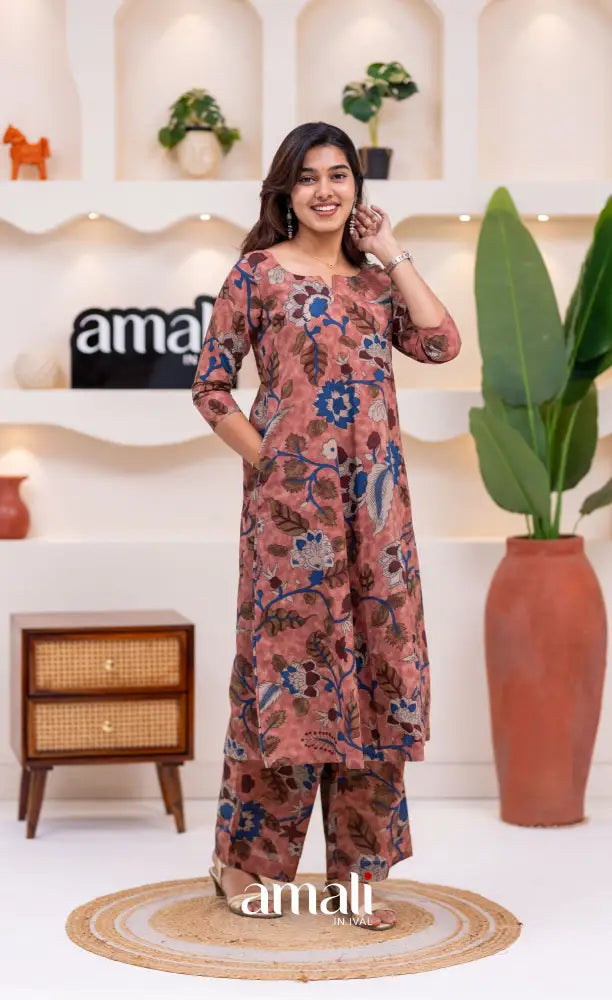 Dusty Pink and Deep Blue Jaipur Print Cotton A-line Top and Pant - salwar