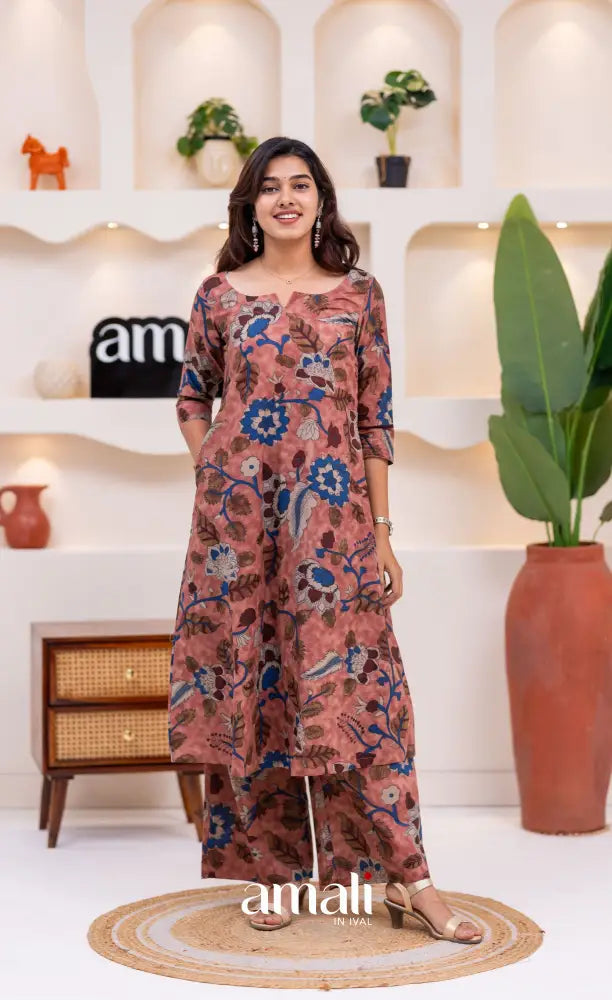 Dusty Pink and Deep Blue Jaipur Print Cotton A-line Top and Pant - salwar