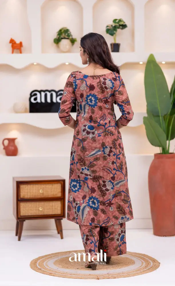 Dusty Pink and Deep Blue Jaipur Print Cotton A-line Top and Pant - salwar
