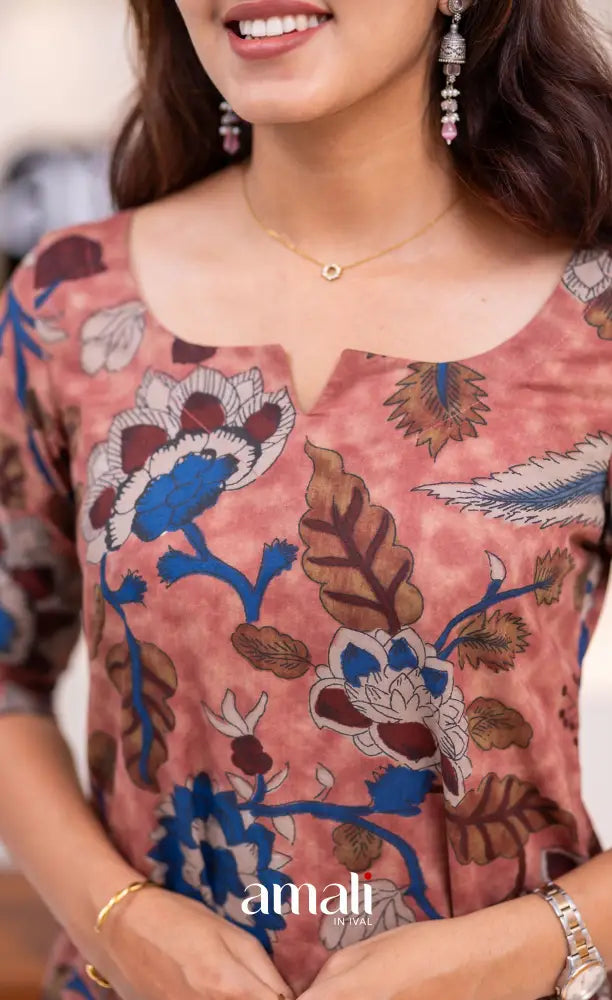 Dusty Pink and Deep Blue Jaipur Print Cotton A-line Top and Pant - salwar