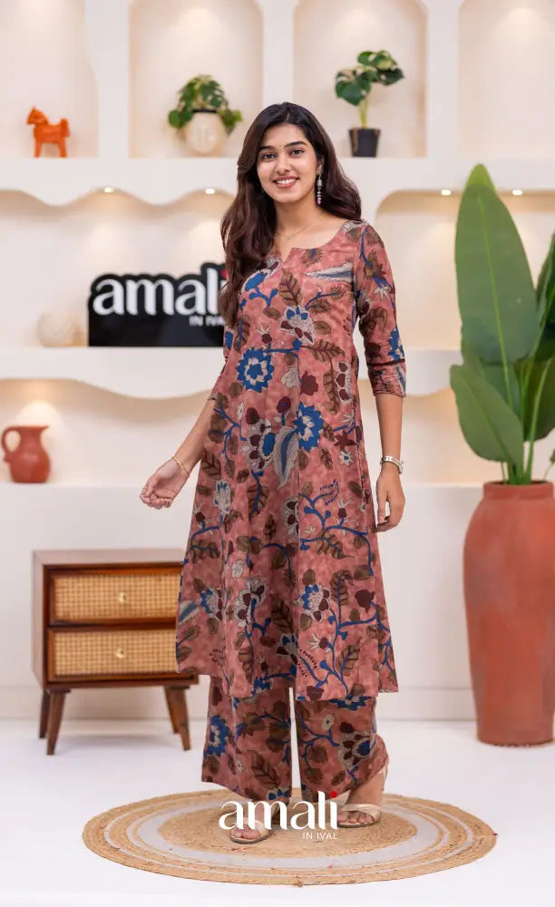 Dusty Pink and Deep Blue Jaipur Print Cotton A-line Top and Pant - salwar