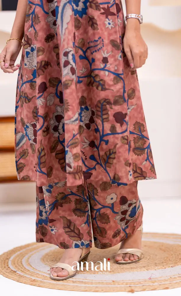 Dusty Pink and Deep Blue Jaipur Print Cotton A-line Top and Pant - salwar