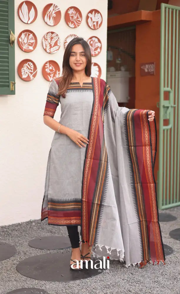 Grey and Black Chettinad Cotton Salwar Set - salwar