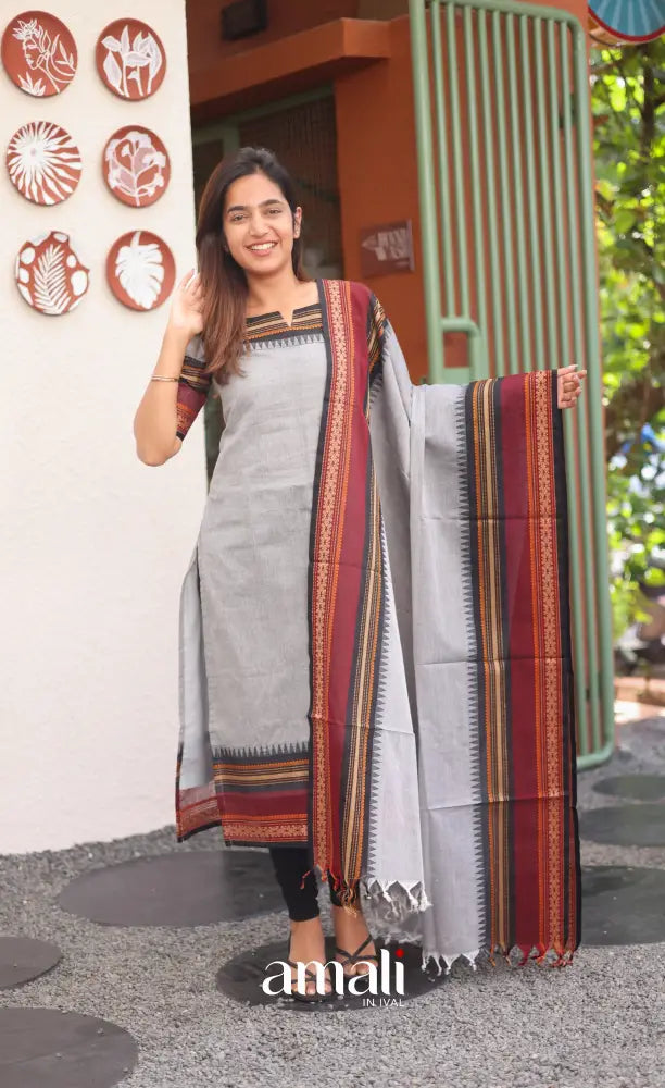 Grey and Black Chettinad Cotton Salwar Set - salwar